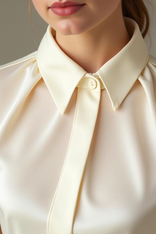Detalle del cuello de una blusa de seda color marfil.