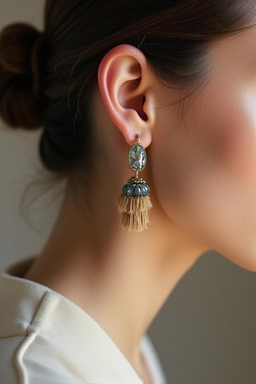 Perfil de una modelo luciendo pendientes artesanales que complementan la ropa.