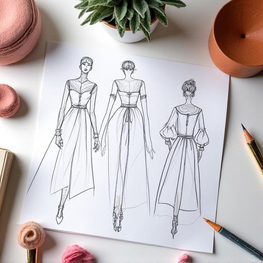 Bocetos de diseño de moda sobre una mesa de trabajo.