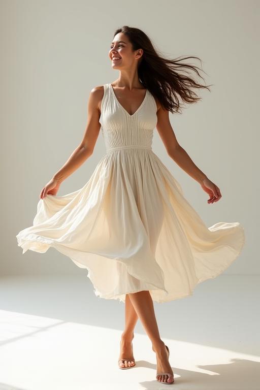 Una modelo girando con un vestido de algodón orgánico.